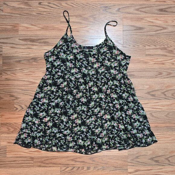 Sheer Floral Print Tank Dress sz Large Tiered Spaghetti Straps Jeans Warehouse - Picture 3 of 9